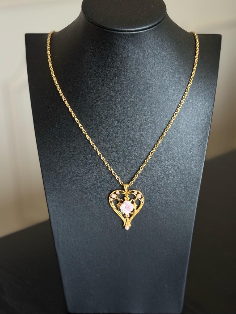 Avon Gold-Tone Heart Pendant Necklace with Pink Rose Accent